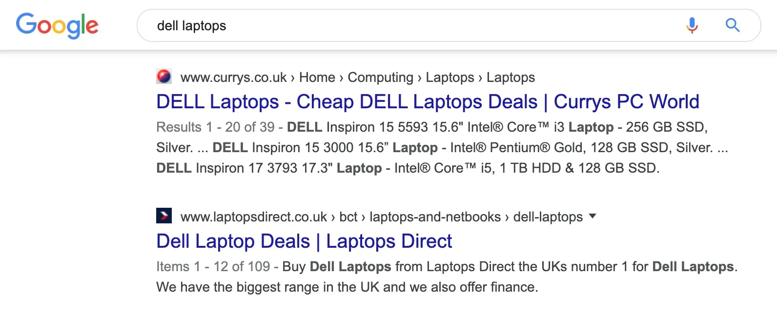 SERP for 'dell laptops'