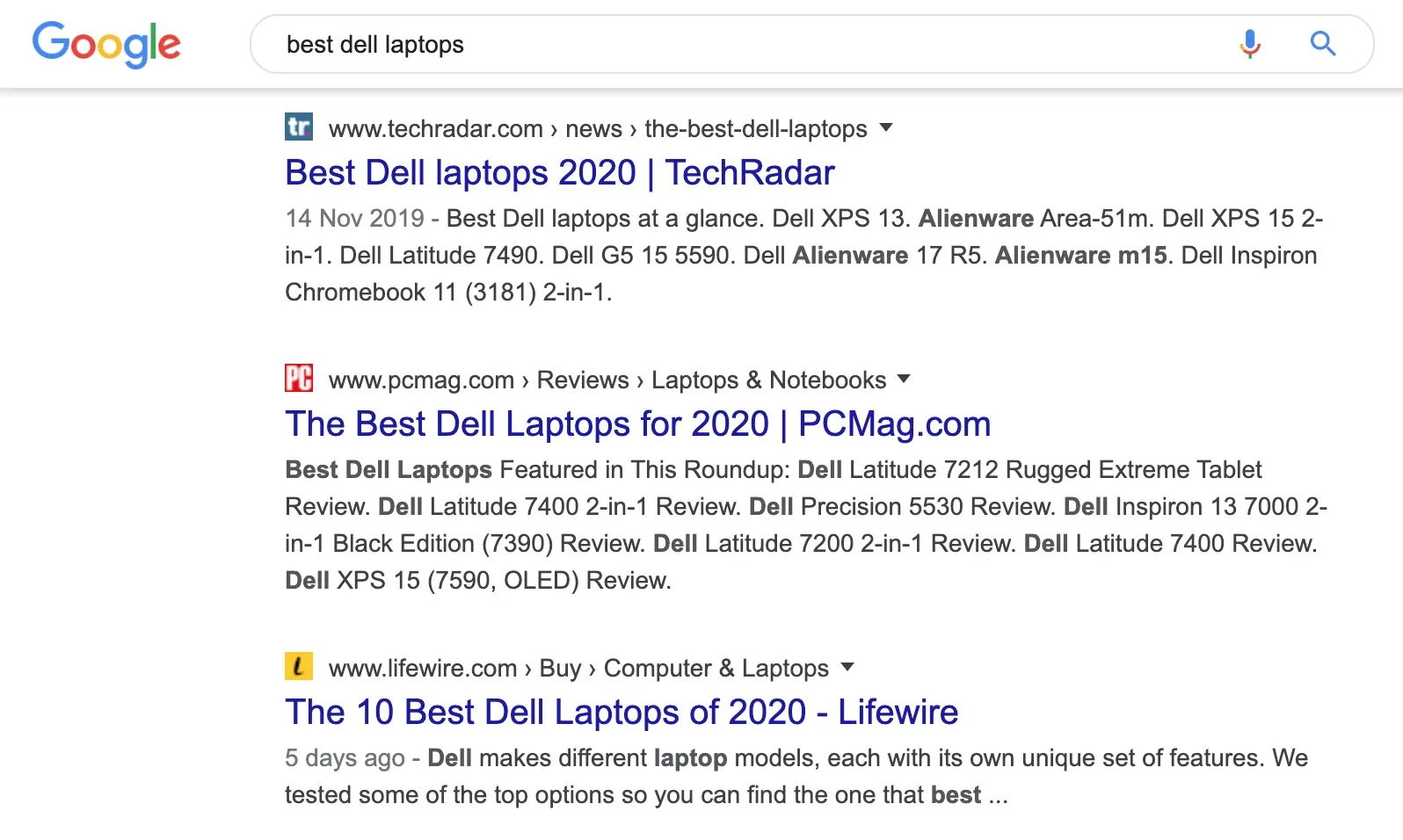 SERP for ‘best dell laptops’