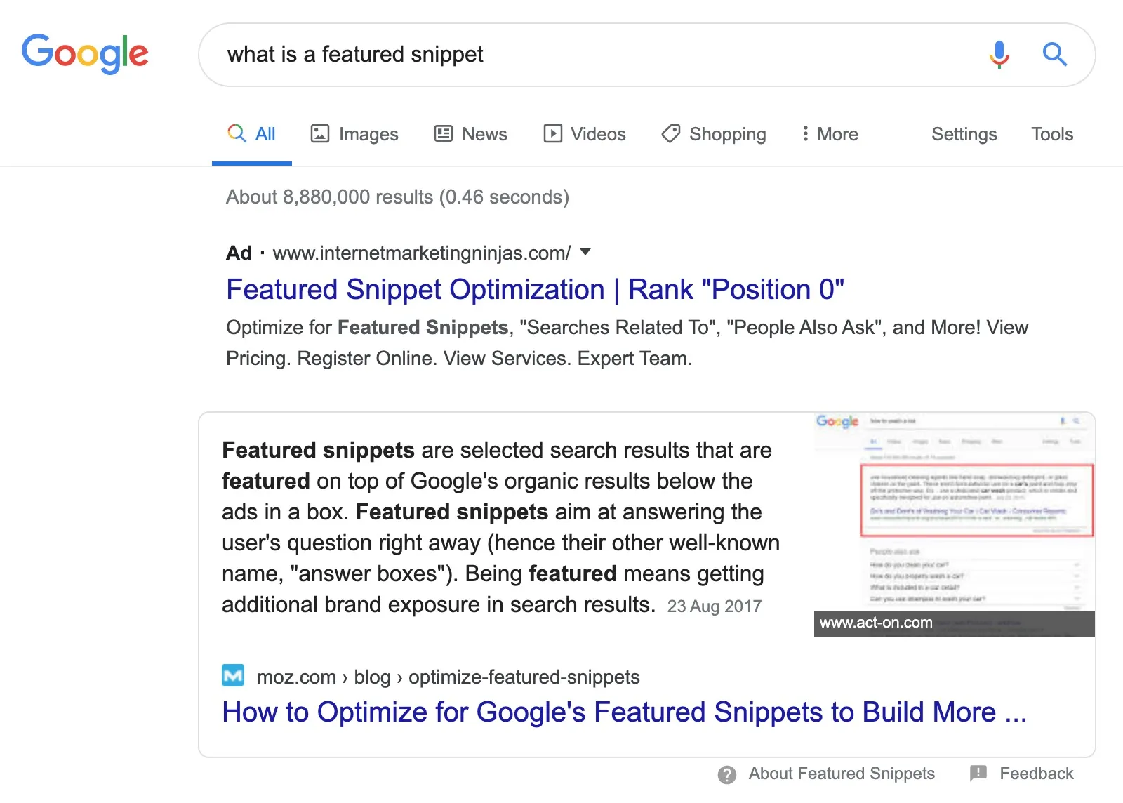 'what is a featured snippet' SERP