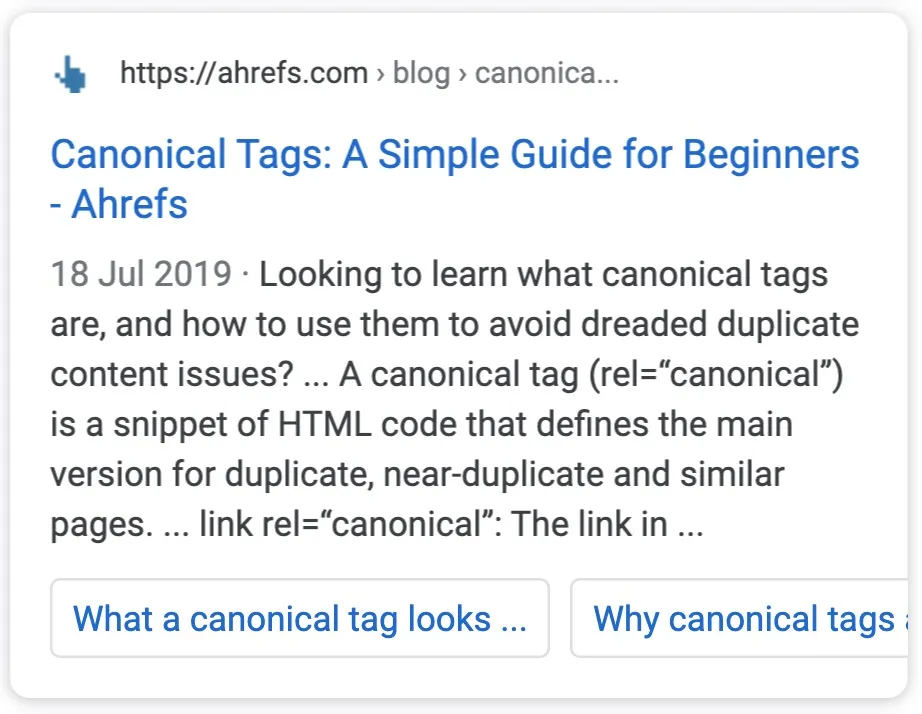 Google result for an Ahrefs canonical tags guide with jump links to sections such as ‘What a canonical tag looks like’ below the snippet