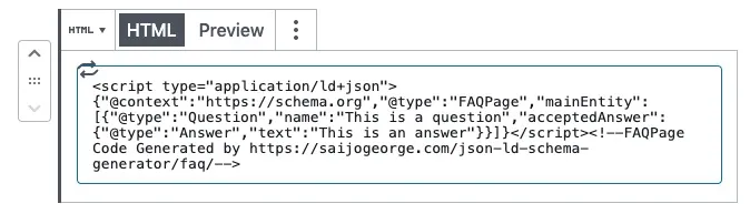 WordPress HTML block containing an FAQPage JSON-LD schema script